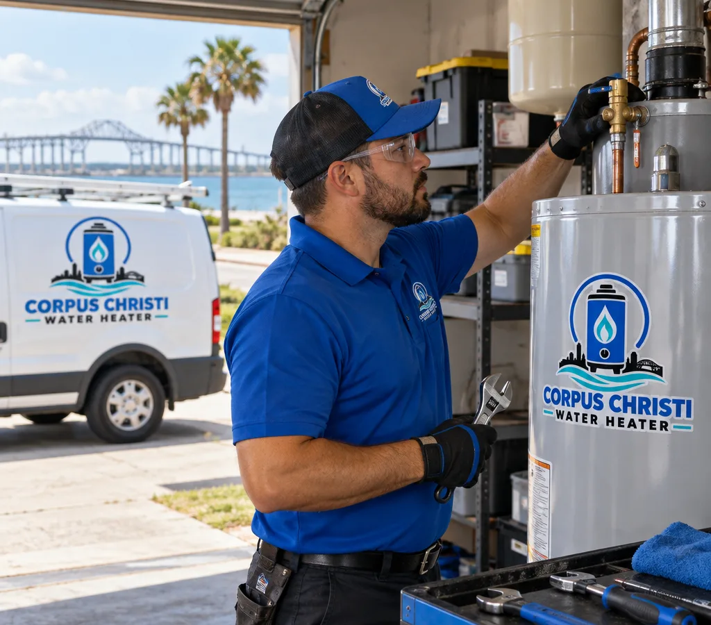 Technician inspecting a residential water heater in a Corpus Christi garage