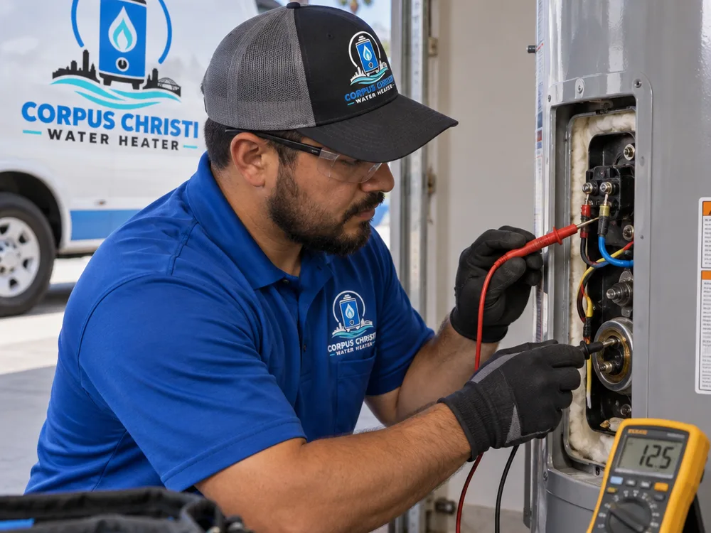 Technician safely testing an electric water heater thermostat and element with a multimeter
