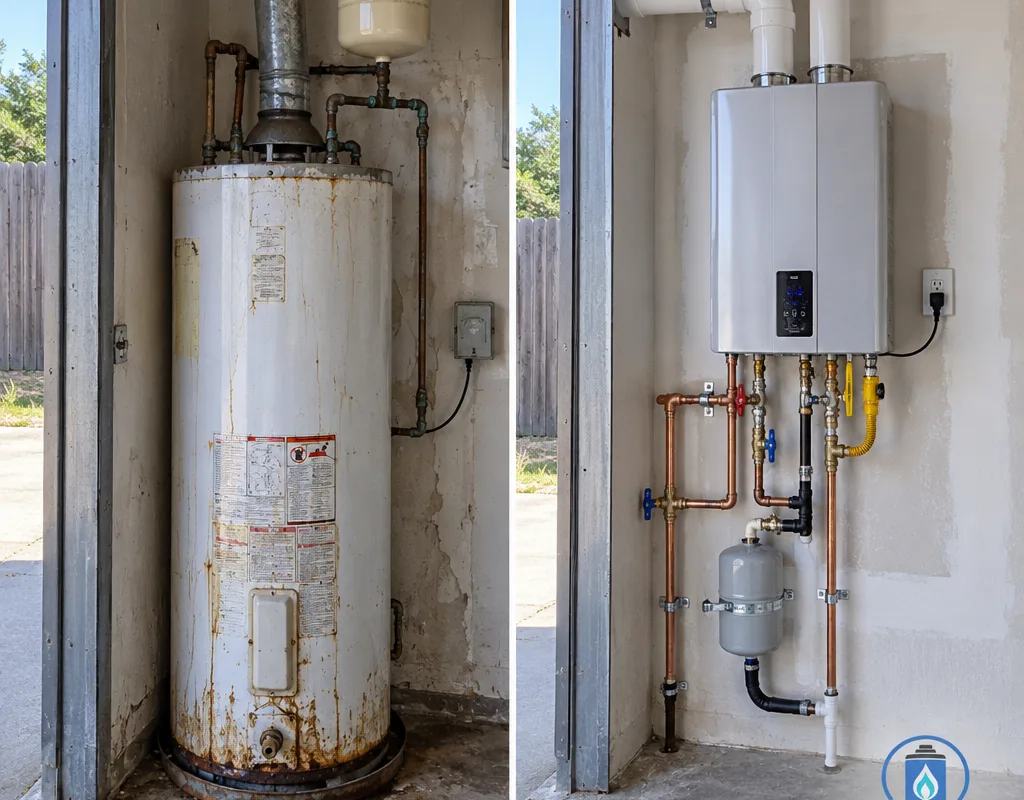 Before and after tank-to-tankless conversion with new vent routing and organized valves