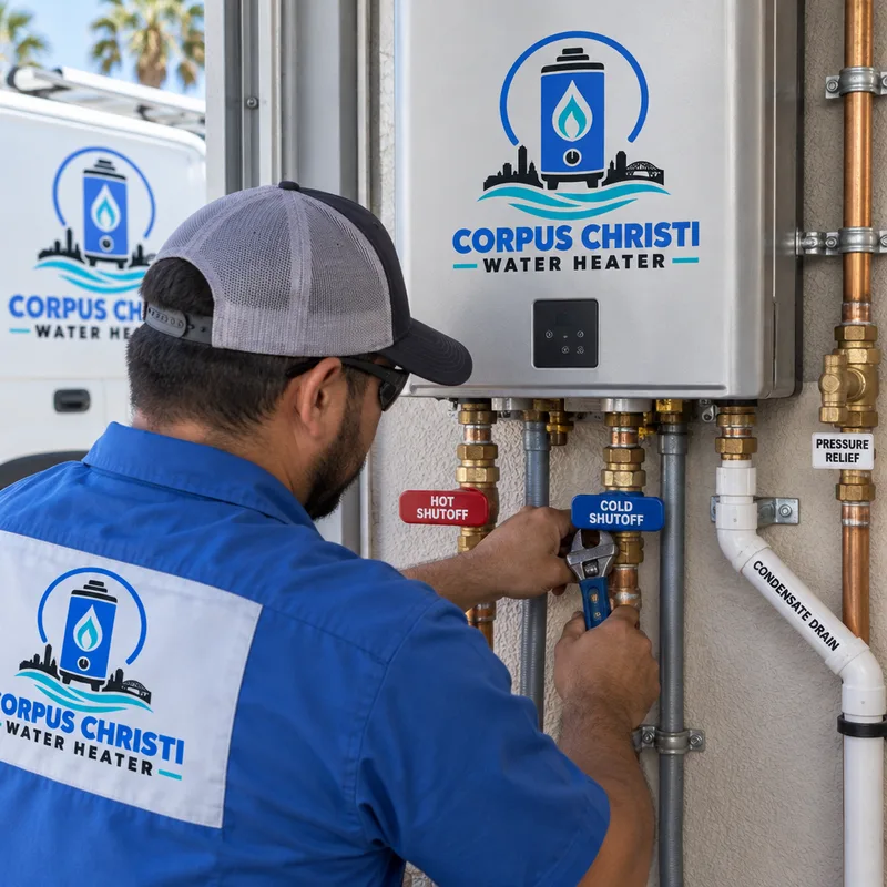 Properly installed tankless water heater with isolation valves, relief routing, condensate line, and labeled shutoffs
