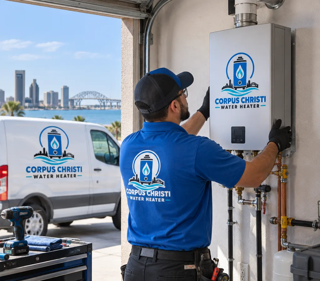 Technician mounting a wall-hung tankless water heater in a Corpus Christi garage with tidy connections