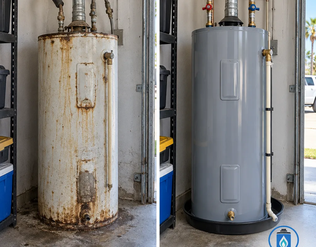 Before and after tank replacement with a new drain pan, shutoff, and neatly routed TPR discharge line