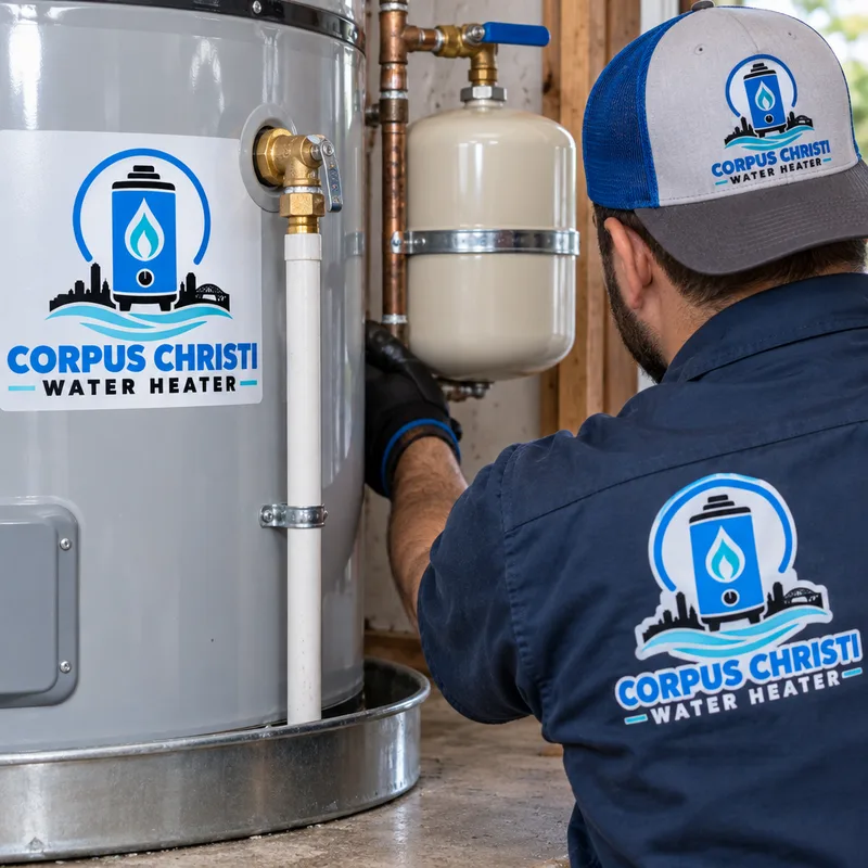 Properly installed water heater with TPR discharge line, expansion tank, shutoff valve, and drain pan