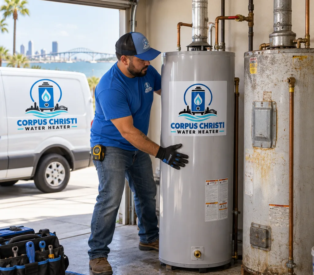 Plumber positioning a new tank water heater beside the old unit in a Corpus Christi garage