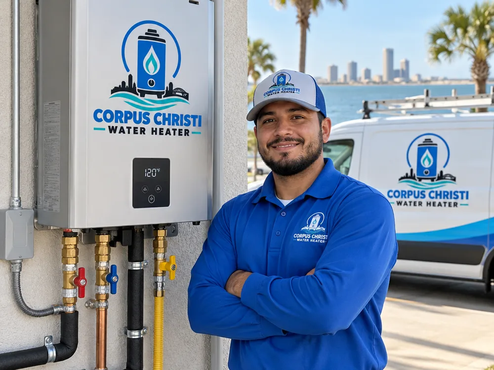 Wall-mounted tankless water heater with isolation valves, service ports, tidy piping, and correct clearances
