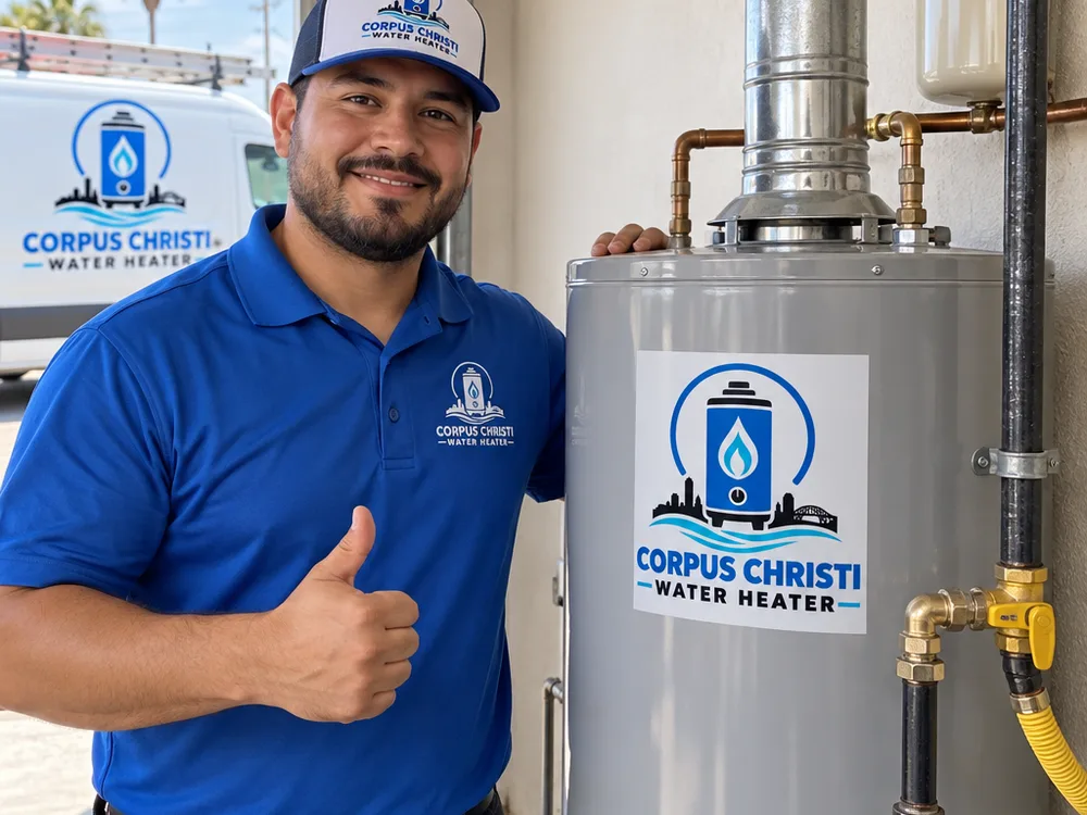 New gas water heater with an aligned vent connector and visible sediment trap