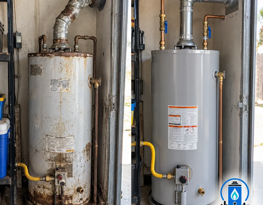 Before and after gas water heater replacement with corrected venting and updated shutoff and union connections