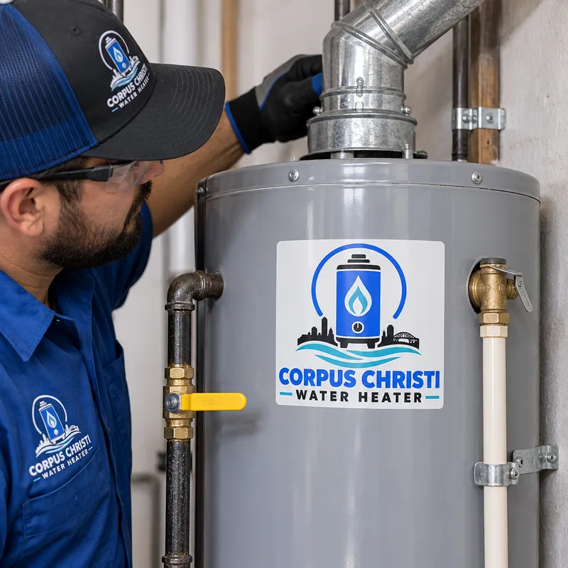 Correctly installed gas water heater showing the TPR discharge pipe, labeled gas shutoff, and properly rising vent connector