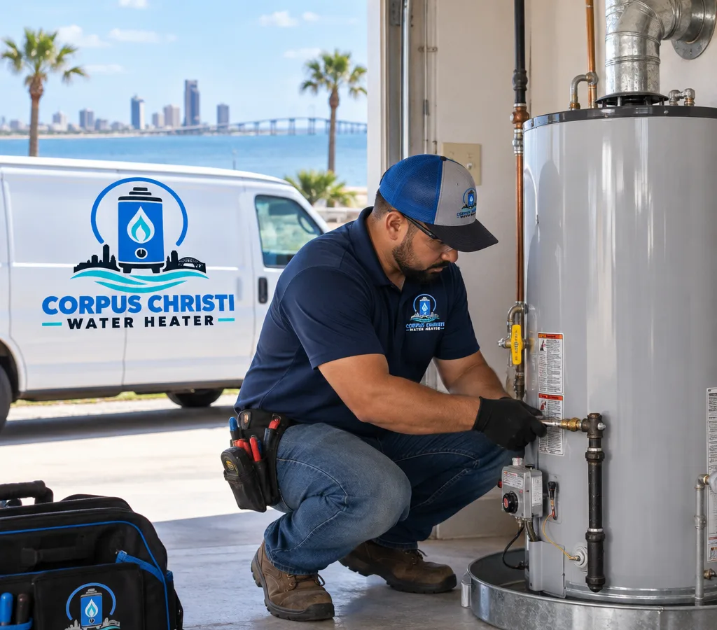 Technician installing an atmospheric-vent gas water heater in a Corpus Christi garage with gas shutoff, sediment trap, vent connector, and drip pan