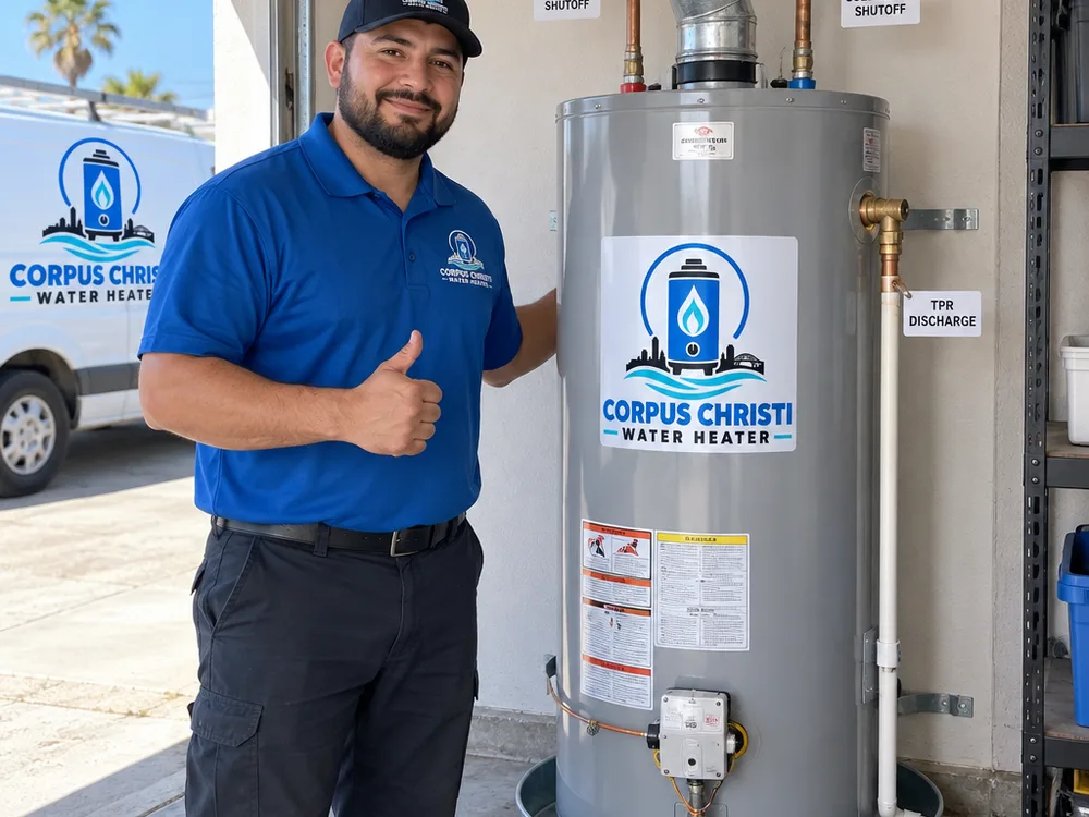 Finished gas water heater replacement in a Corpus Christi garage with drip pan, TPR discharge, labeled shutoffs, and clean vent connection