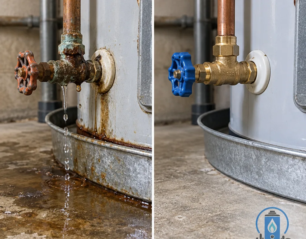 Before and after repair of a corroded leaking water heater shutoff valve and wet drain pan