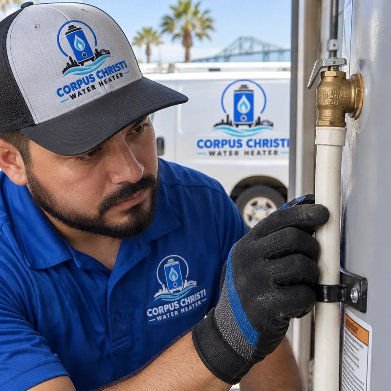 Technician checking a properly routed water heater temperature and pressure relief valve discharge line