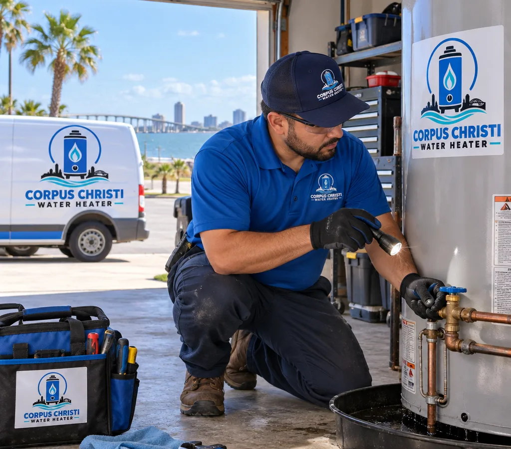Technician checking a residential water heater shutoff valve and inspecting for a leak in a Corpus Christi garage