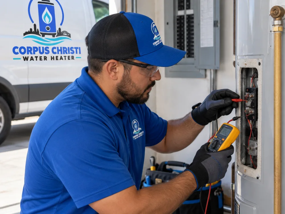 Technician using a multimeter to test an electric water heater thermostat and heating element