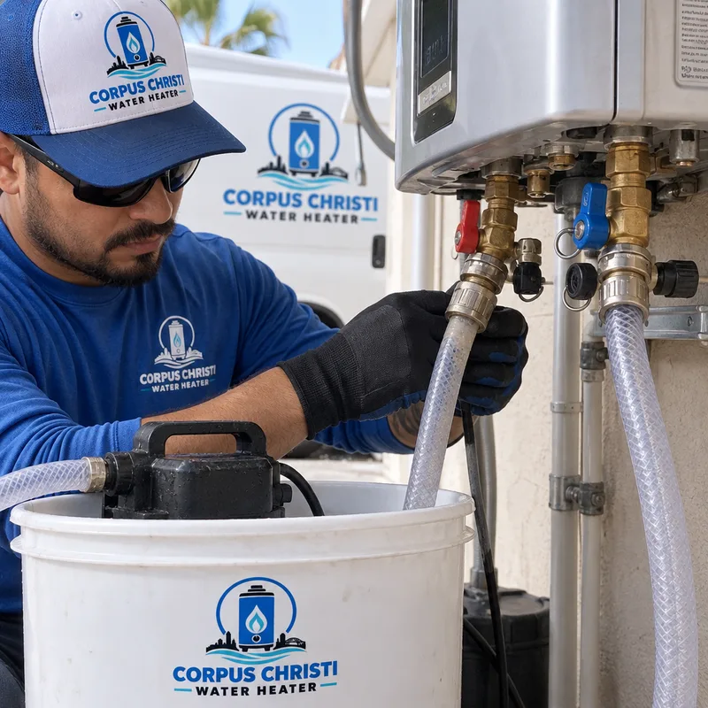 Commercial tankless water heater service valves and flush ports connected to a descaling pump and hoses