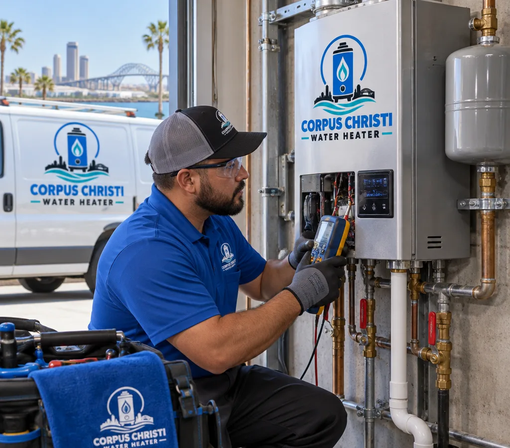Technician servicing a commercial tankless water heater in a mechanical room with diagnostic tools and visible service connections