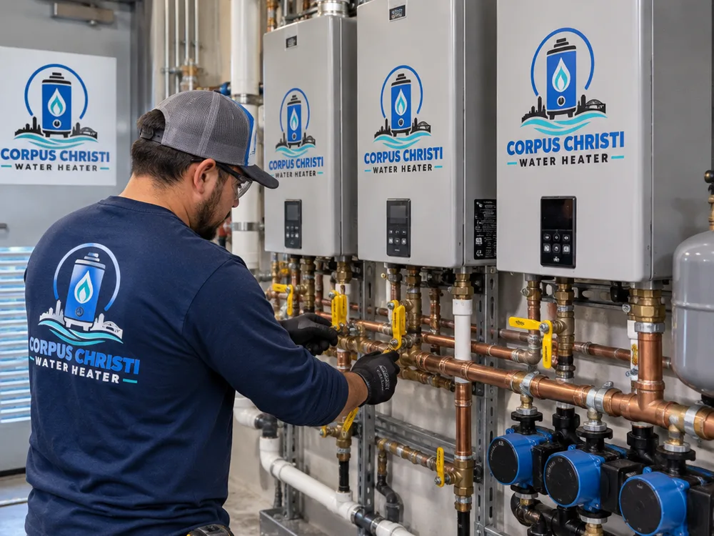 Commercial mechanical room with multiple tankless water heaters, labeled valves, condensate lines, and a recirculation pump manifold