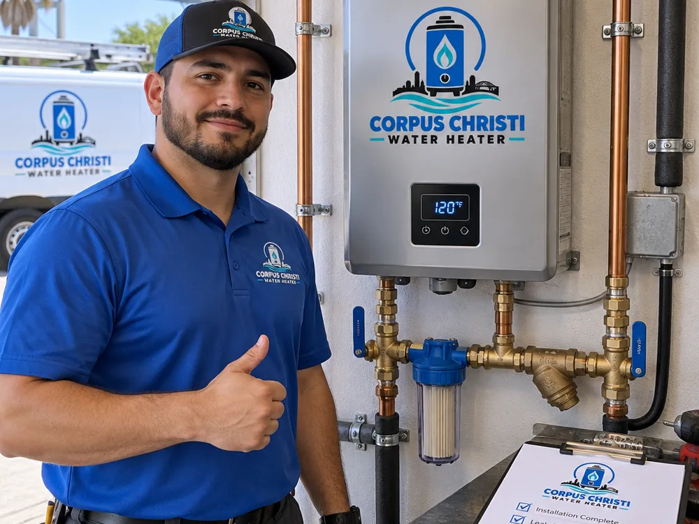 Completed commercial tankless replacement with new shutoff valves, filtration, supported piping, and commissioning checklist