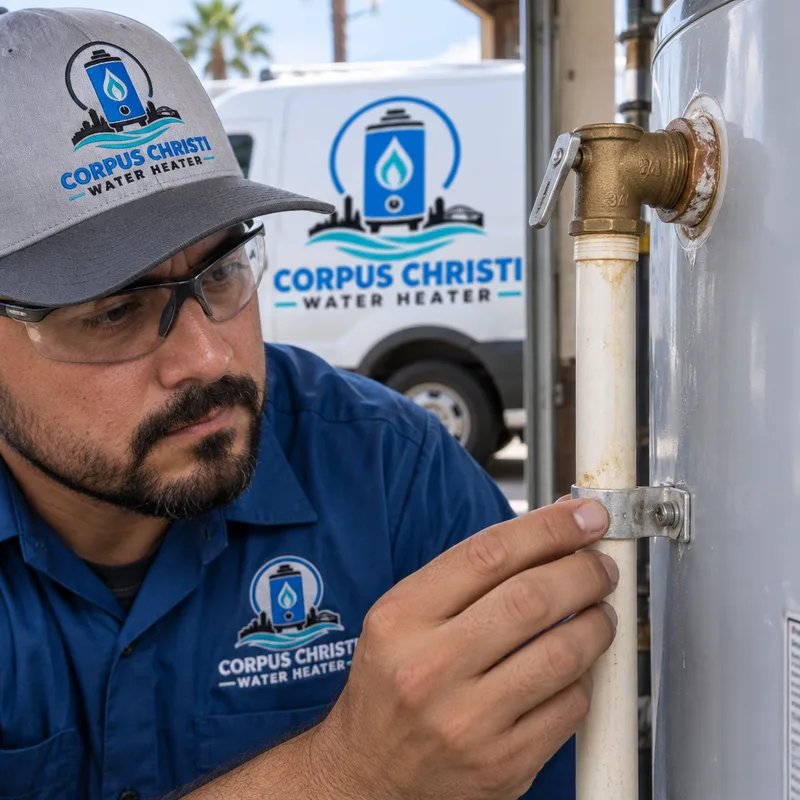 Technician checking a water heater T and P relief valve, discharge pipe, and nearby connections for leakage and corrosion