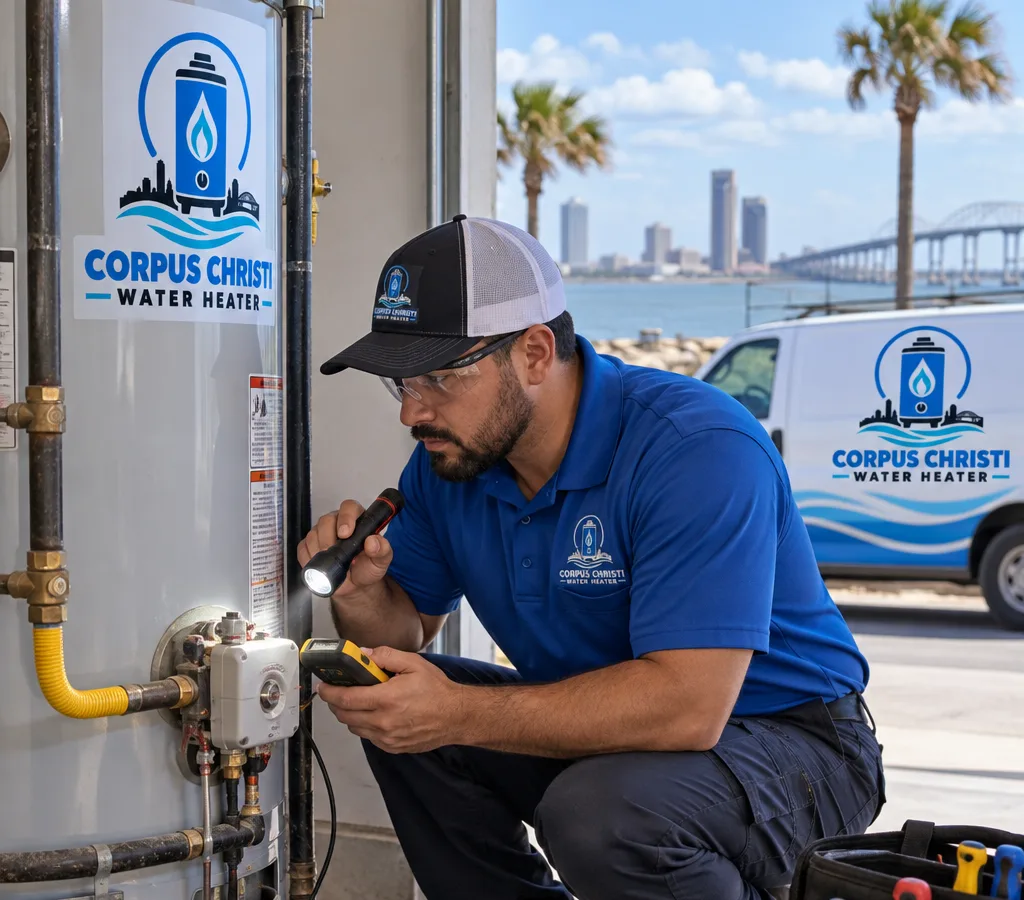 Technician inspecting a residential water heater gas control valve and piping connections with a flashlight and meter