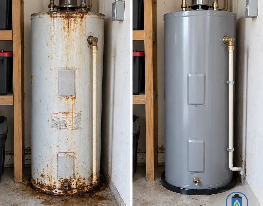 Before and after water heater replacement with neat connections and properly routed TPR discharge line