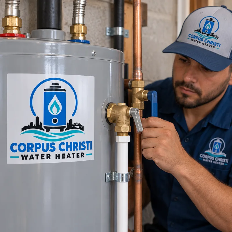 Newly installed water heater with neat TPR discharge piping, water connections, and shutoff valve