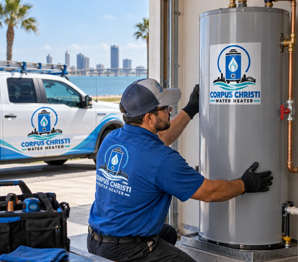 Licensed technician positioning a new residential water heater with proper clearance and clean connections