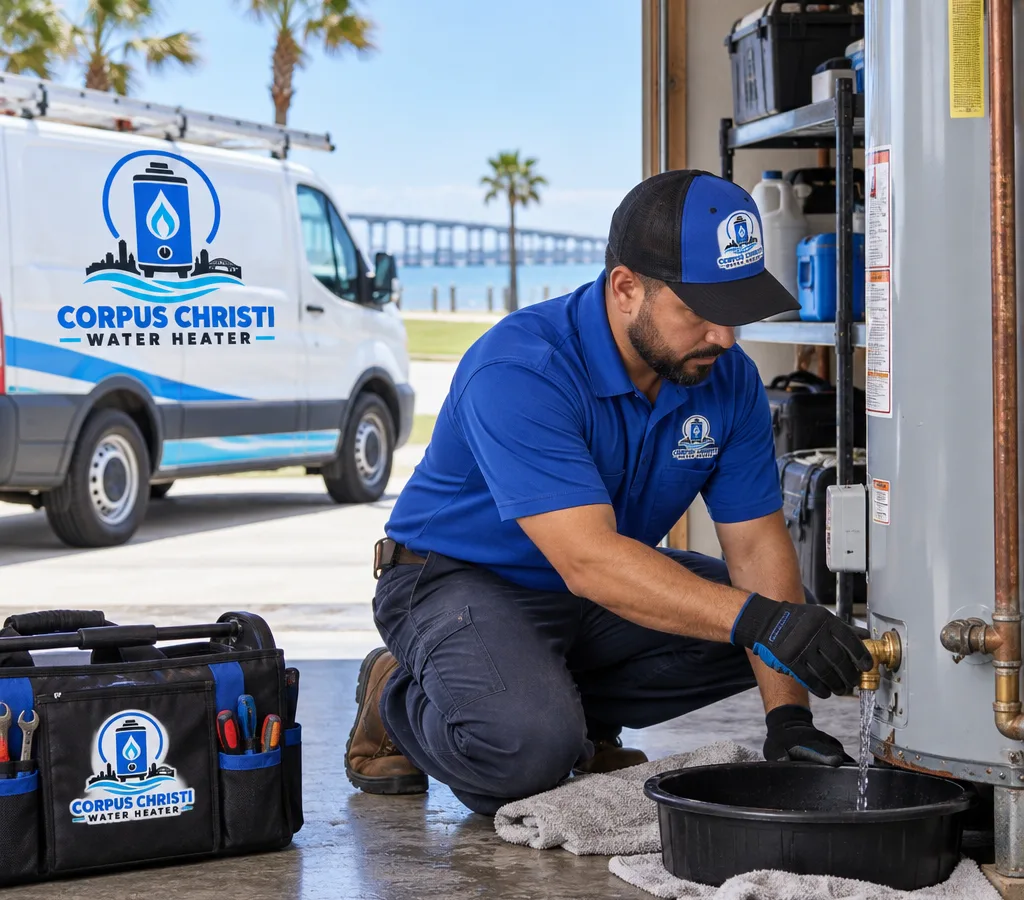 Technician containing a leaking residential water heater at the drain valve and shutoff in an Ingleside garage