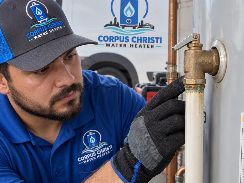 Technician inspecting a water heater temperature and pressure relief valve for leakage and corrosion