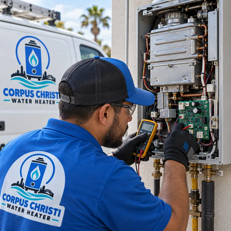 Technician diagnosing an open wall-mounted tankless water heater and inspecting its control and combustion components