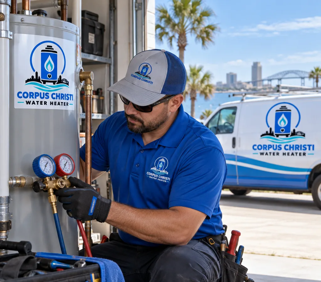 Plumber inspecting a residential water heater in a coastal South Texas garage for same-day service