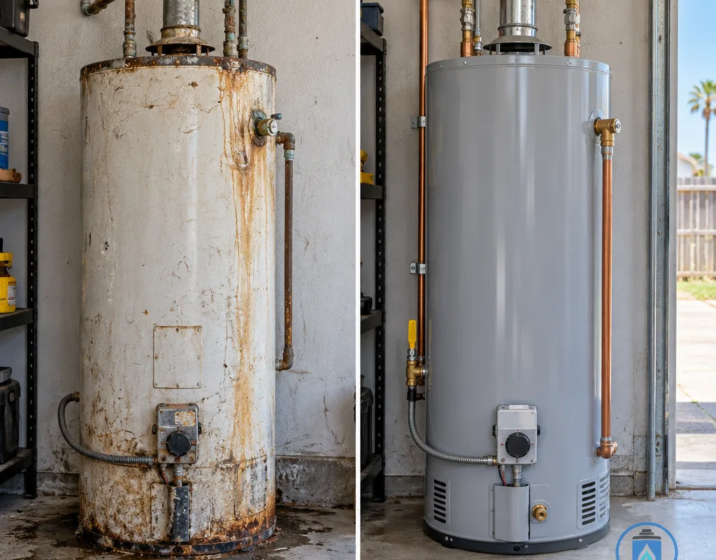 Older water heater with corroded fittings beside a newly installed unit with tidy piping and accessible shutoffs