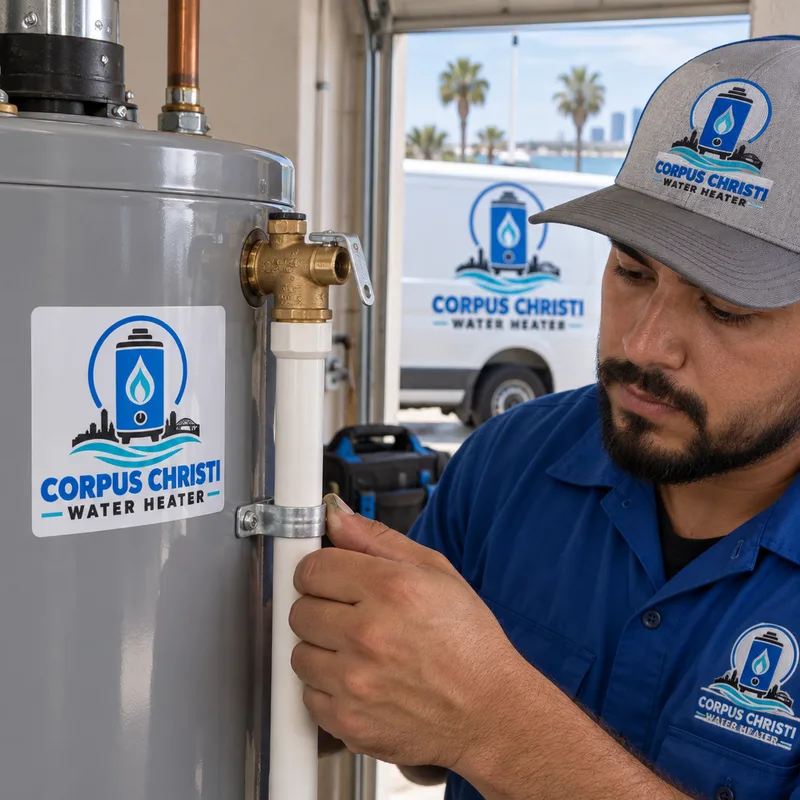 Properly installed TPR valve and discharge line on a newly replaced tank water heater