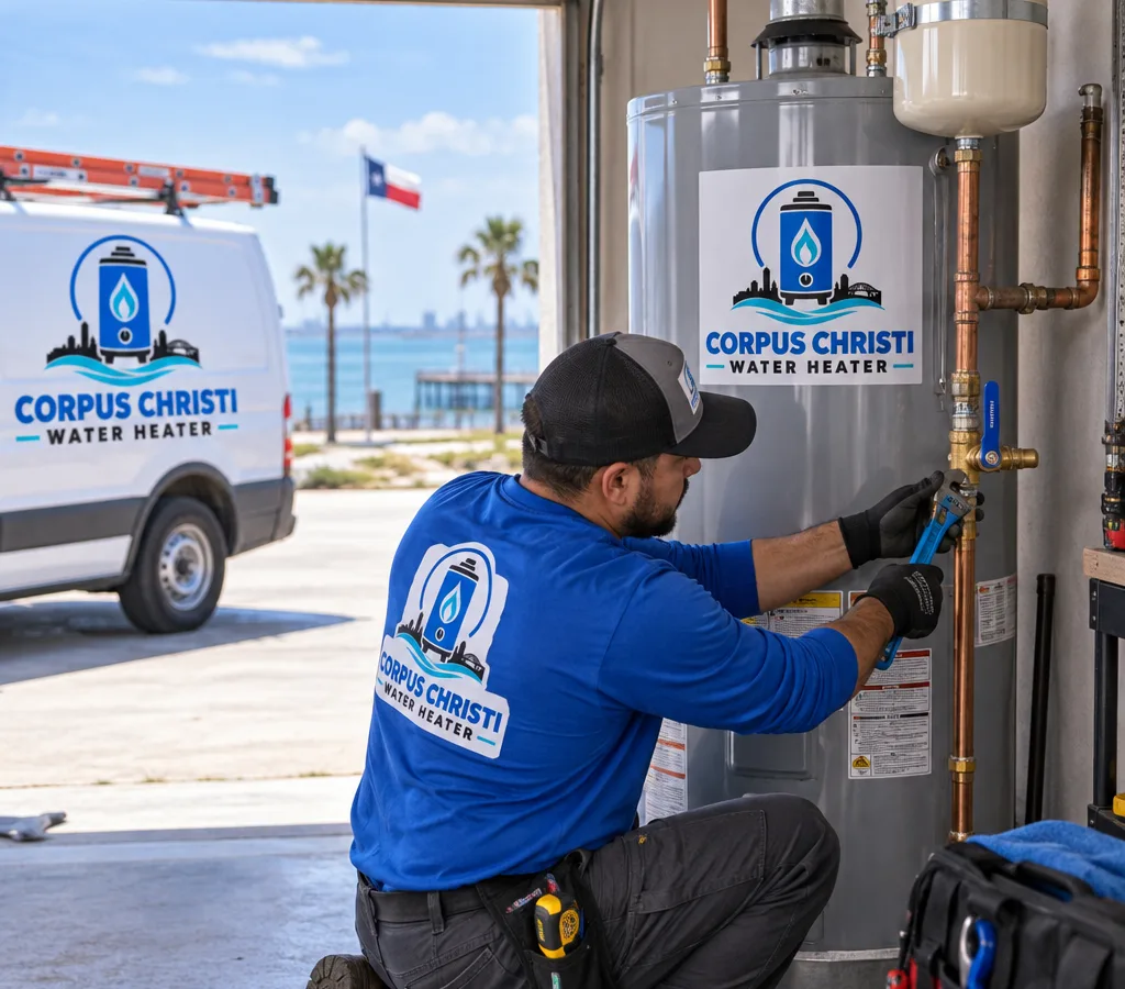 Technician setting a new residential tank water heater in a Rockport-area garage with neat visible connections