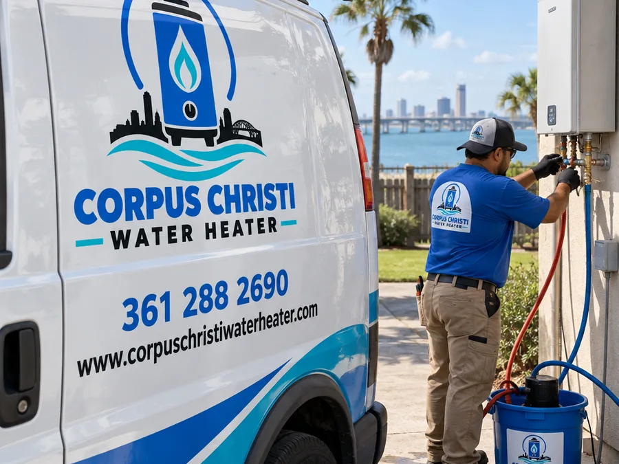 Technician safely draining a garage water heater into a hose with water-control equipment nearby