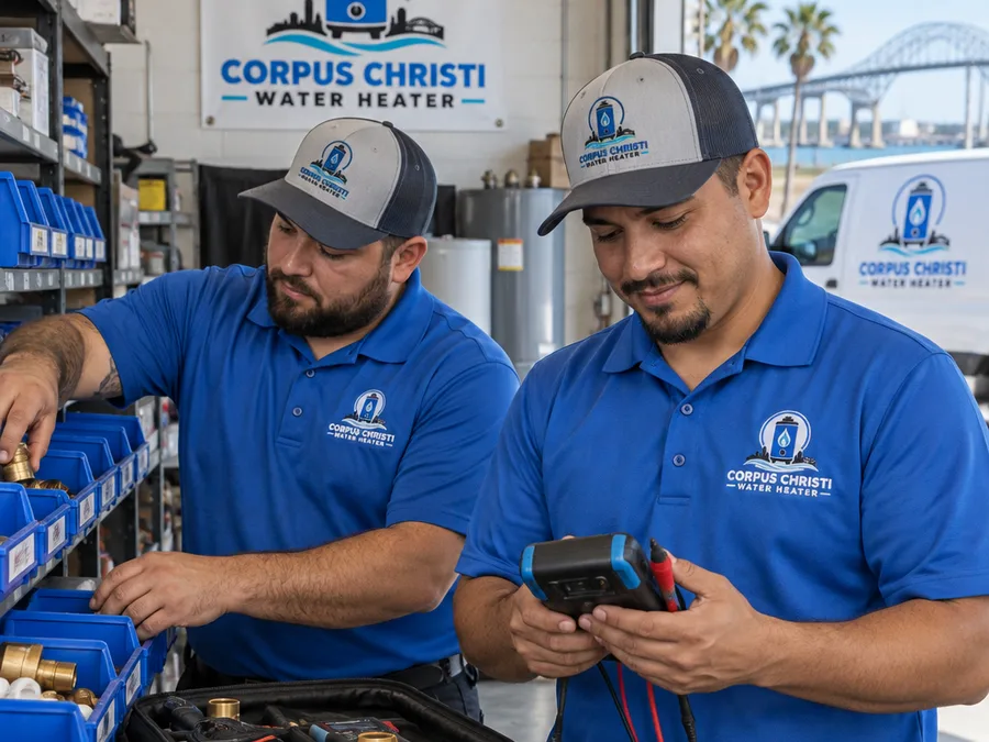 Two Corpus Christi Water Heater technicians preparing parts and diagnostic equipment