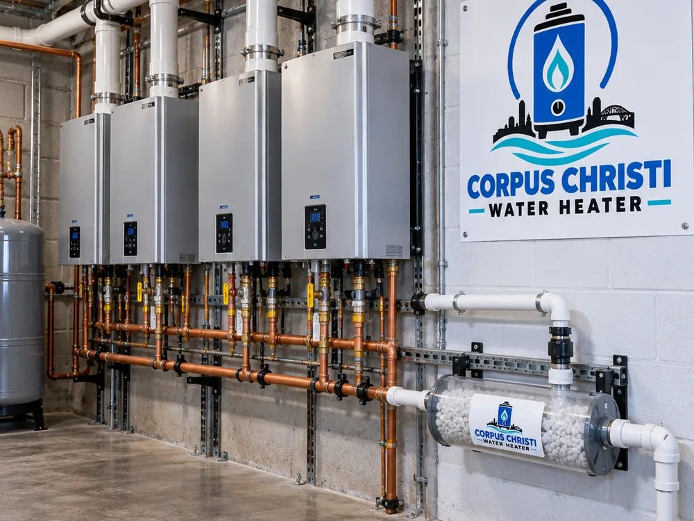Clean commercial mechanical room with multiple tankless units, proper venting, condensate neutralizer, and service access